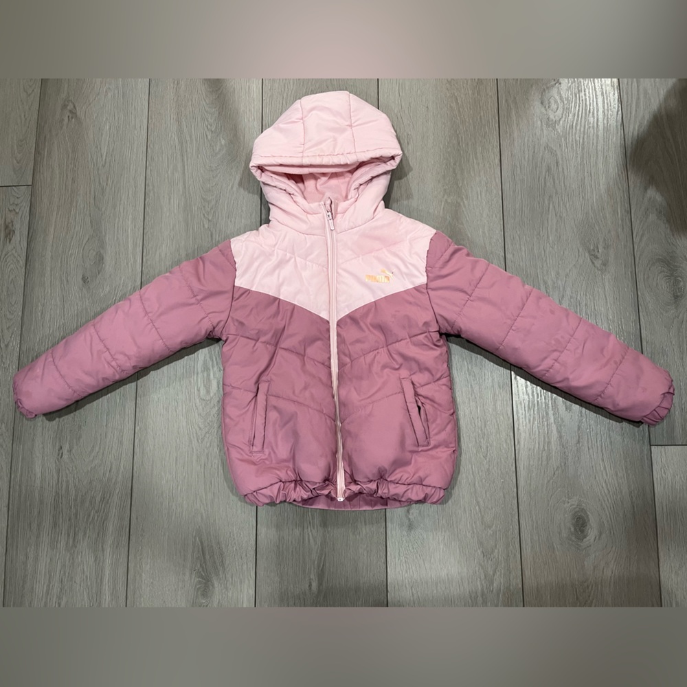 Puma Pink Hooded Puffer Jacket with Gold Logo